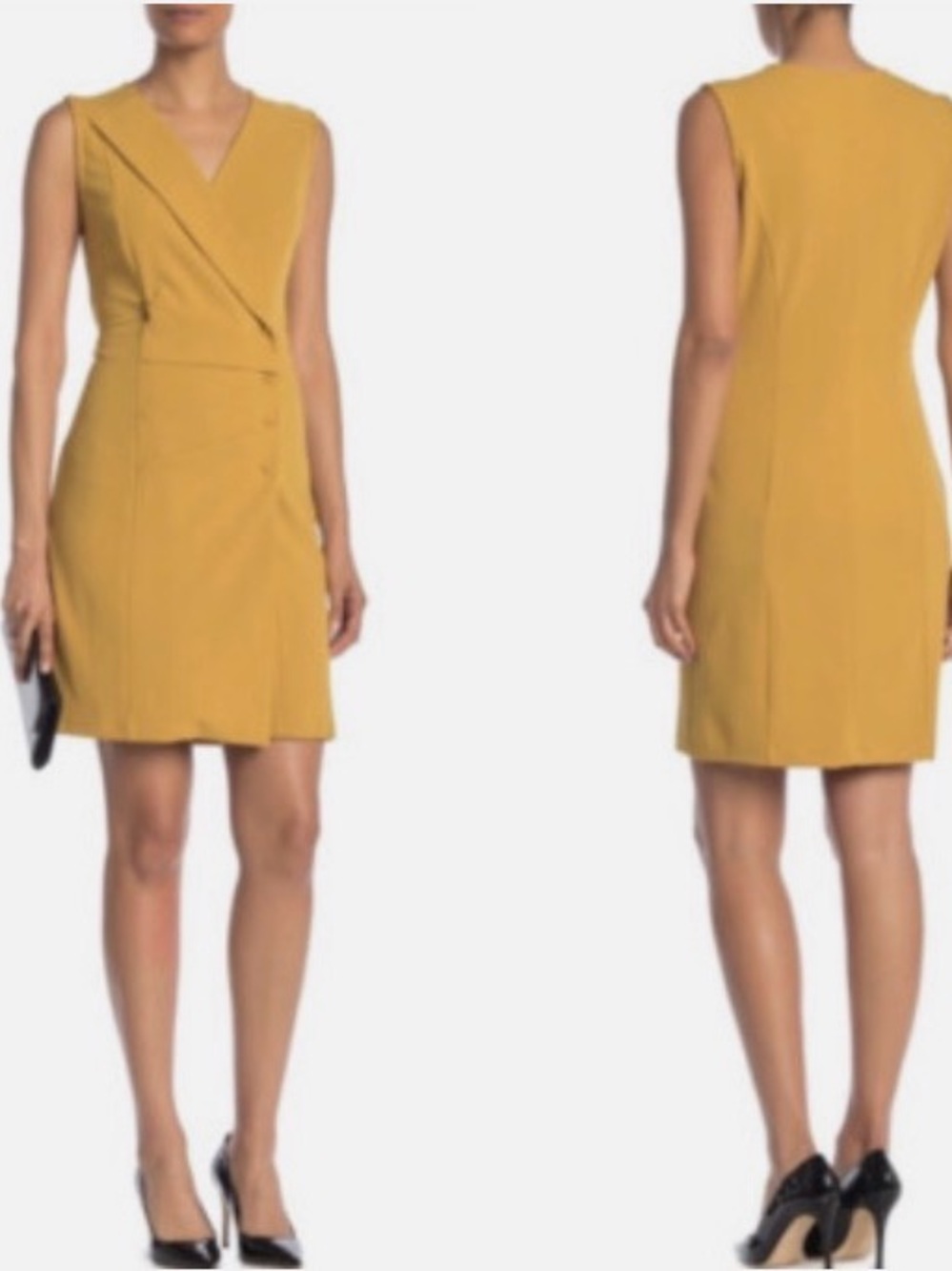 Nanette Lepore Mustard Sleeveless Wrap-Front Midi Dress